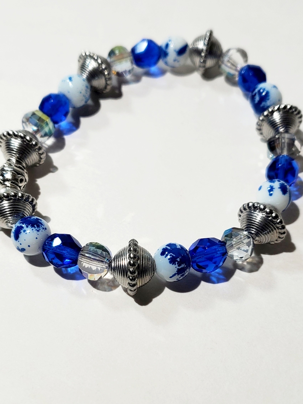 Blue and White Glass Beaded Stretch Bracelet - Women Jewelry